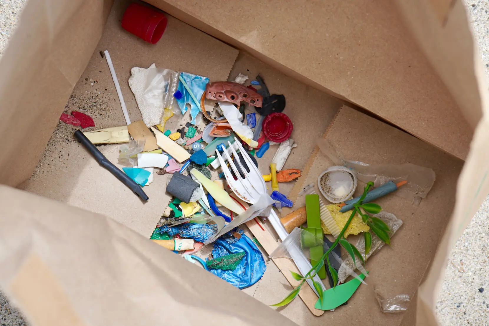 ゴミ袋の中には拾ったプラスチックごみが入っている